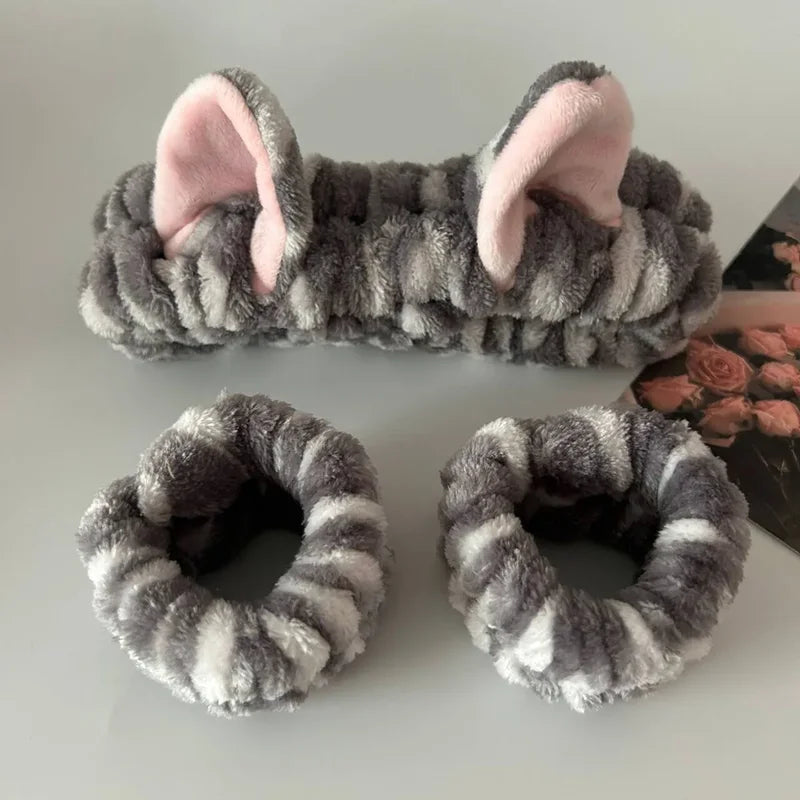 3PCS Cat Ear Leopard Print Plush Headbands for Women Girls Spa Face Makeup