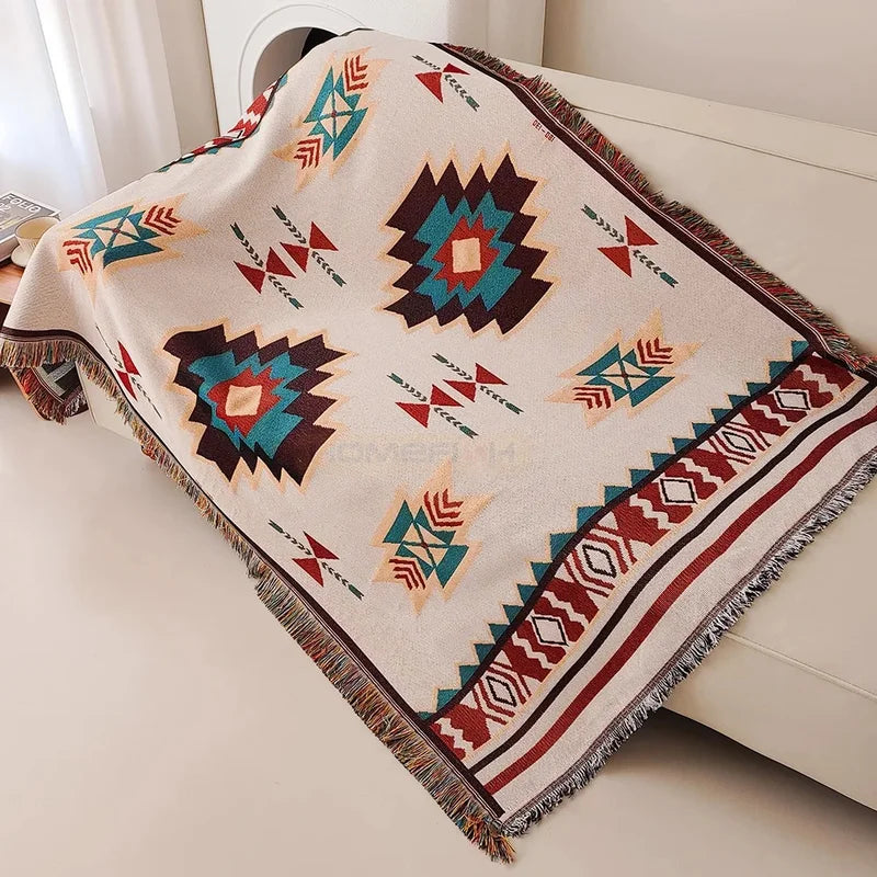 Oversized Boho Throw Blanket with Fringe Southwestern Geometric Design
