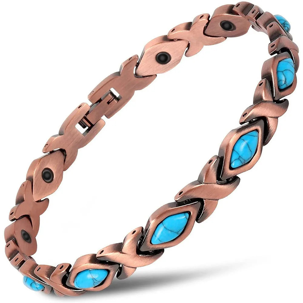 Vintage Copper Turquoise Inlay Magnetic Therapy Bracelet for Women - Boho Western Style Jewelry