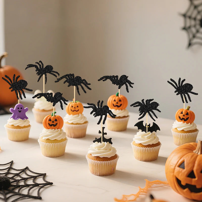 Halloween Spider Cupcake Decorations Set - 24 Glitter Toppers for Party Cakes
