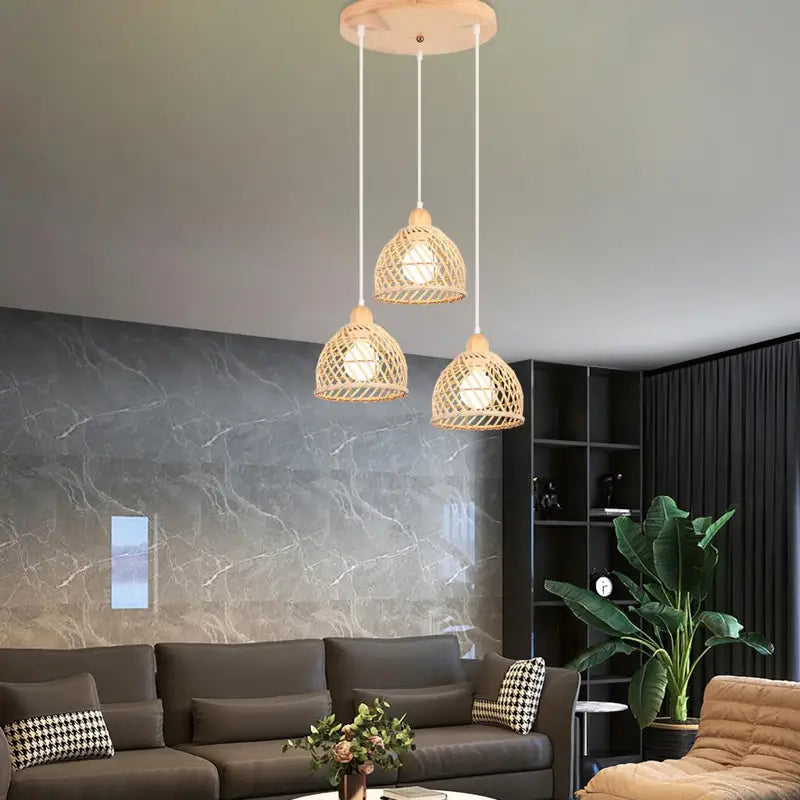 Vintage Bamboo Wicker Rattan Pendant Light Shade - Hanging Ceiling Lamp for Living Room & Kitchen