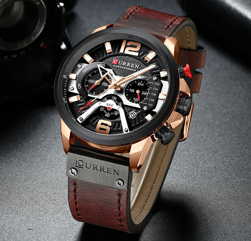 Men's Sports Chronograph Watch Leather Strap Military Style Casual Watch
