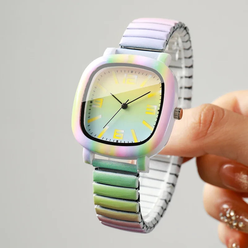 Rainbow Gradient Women Quartz Watch with Colorful Elastic Strap - Ladies Wristwatch