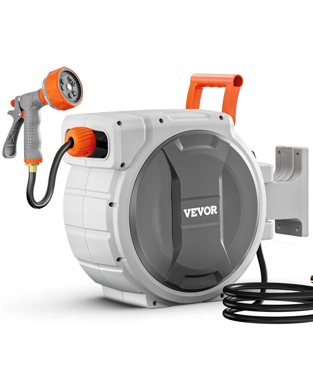 Heavy Duty Retractable Garden Hose Reel Wall Mount with 9 Spray Patterns