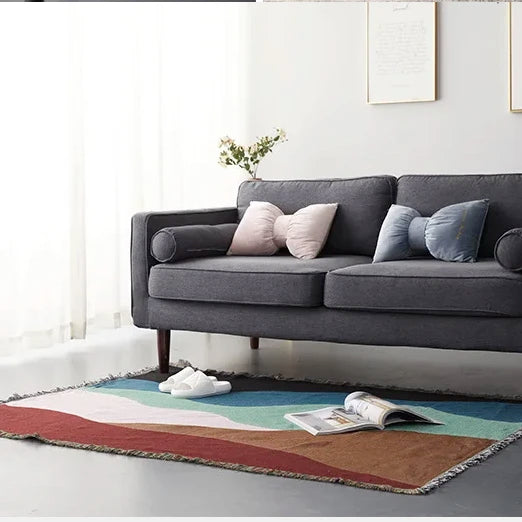 Boho Abstract Wave Woven Throw Blanket - Color Block Fringed Sofa Cover & Tapestry