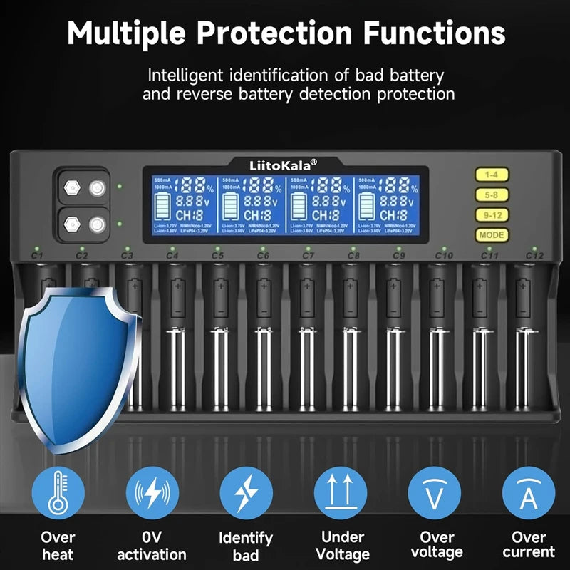 Multifunctional Battery Charger 12 Slot for Li-ion NiMH 9V Batteries - Universal