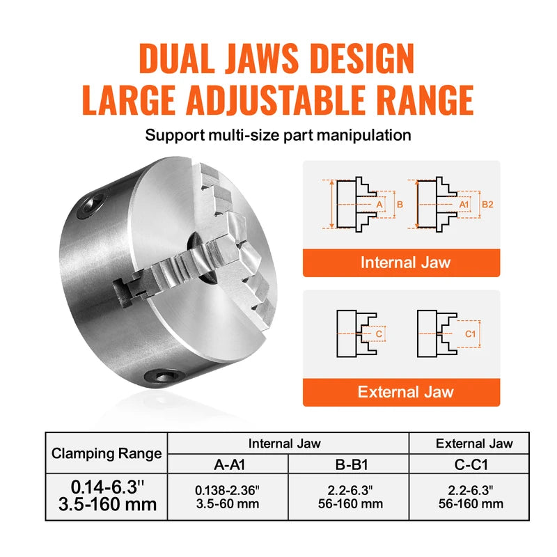 Self-Centering 3-Jaw Lathe Chuck 160mm/200mm/250mm for Metal & Wood Machining