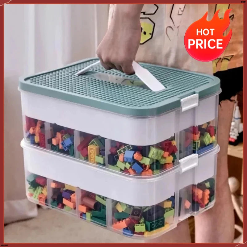 Kids Building Block Storage Box 2-Layer Adjustable Toy Organizer Container