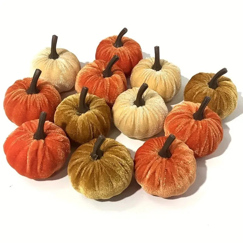 10pcs Velvet Artificial Pumpkin Fall Decor Set for Autumn Halloween Thanksgiving