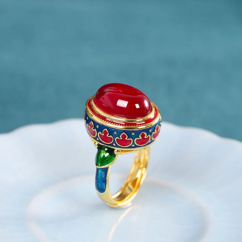 Ancient Gold Craftsmanship Carnelian Ring for Women with Flower Enamel - Light Luxury Wedding Jewelry