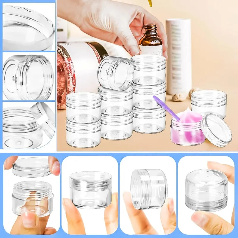 Set of 10 Clear Plastic Cosmetic Storage Containers with Lids - Portable Makeup Jars