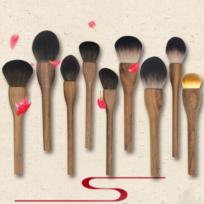 6Pcs Vintage Wood Handle Makeup Brush Set - Soft Powder, Foundation & Contour Tools