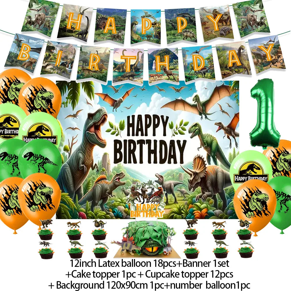 Children's Dinosaur Party Decorations Banner & Balloon Set for Kids' Birthday Celebration