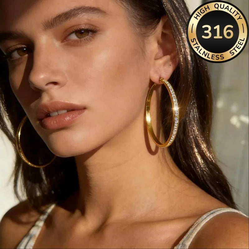 Large Crystal Hoop Earrings for Women - Hypoallergenic 316L Stainless Steel Gold & Silver