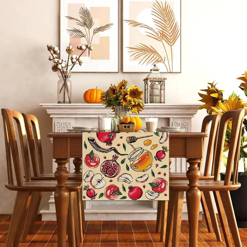 Linen Table Runner for Holidays Weddings & Events - Pomegranate Honey Shofar Design