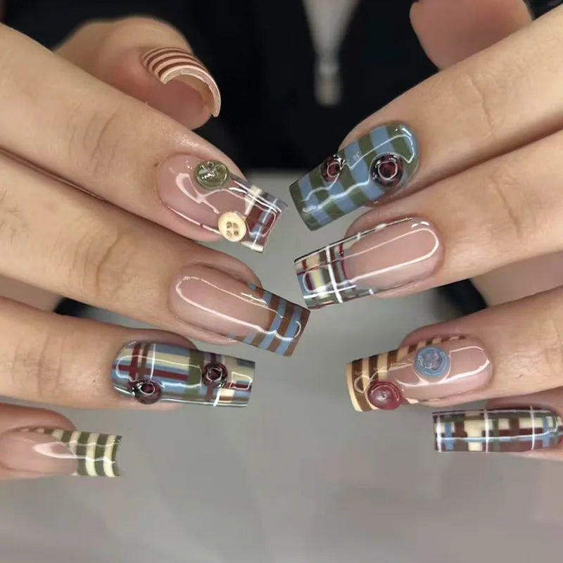 24pcs Vintage French Style Press On Nails with Cartoon Ladybug Button Designs - Coffin Fake Nails in Blue, Brown, Green, Ivory, Beige