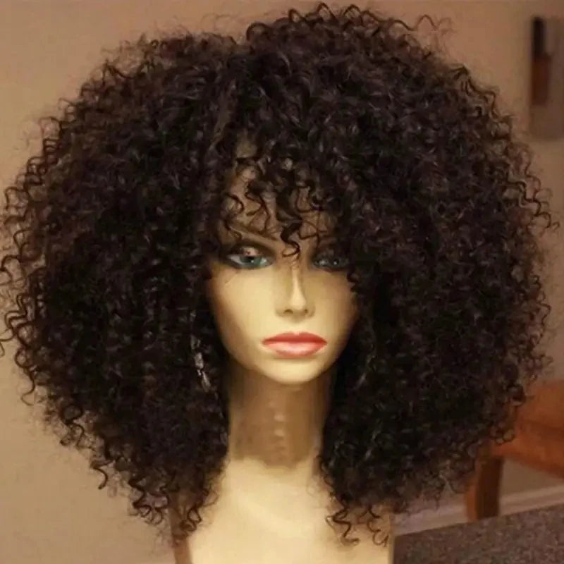 16 Inch Afro Kinky Curly Synthetic Wig with Bangs for Party Cosplay & Daily Wear