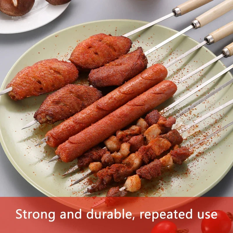 Reusable Stainless Steel BBQ Skewers with Wooden Handles - Heat-Resistant & Anti-Scalding, 5/10 Pack