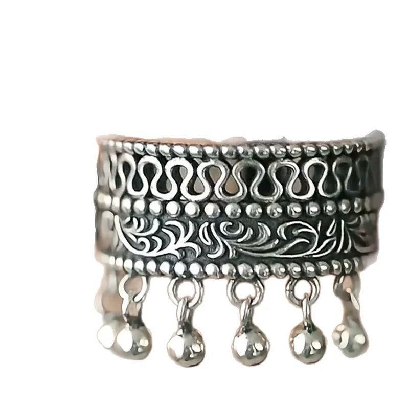 Vintage Thai Silver Beaded Adjustable Finger Ring for Women Jewelry Gift