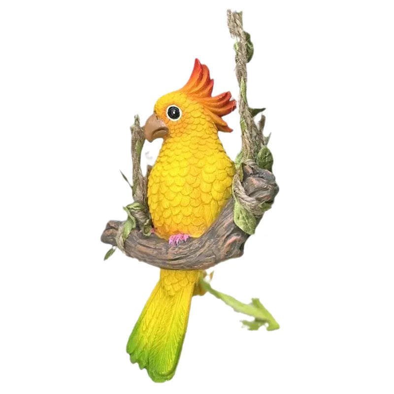 Cute Parrot Wood Swing Animal Statue for Garden and Patio Decor