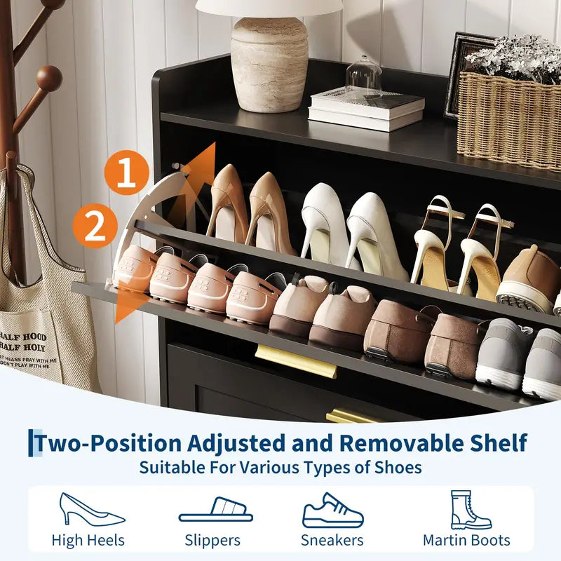 Narrow Shoe Cabinet with Flip Drawers, Adjustable Shelves, Dustproof Back - Freestanding Entryway Storage