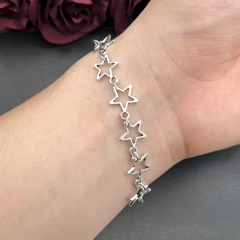 Y2K Star Charm Bracelet for Women Vintage Silver Pentagram Chain Jewelry