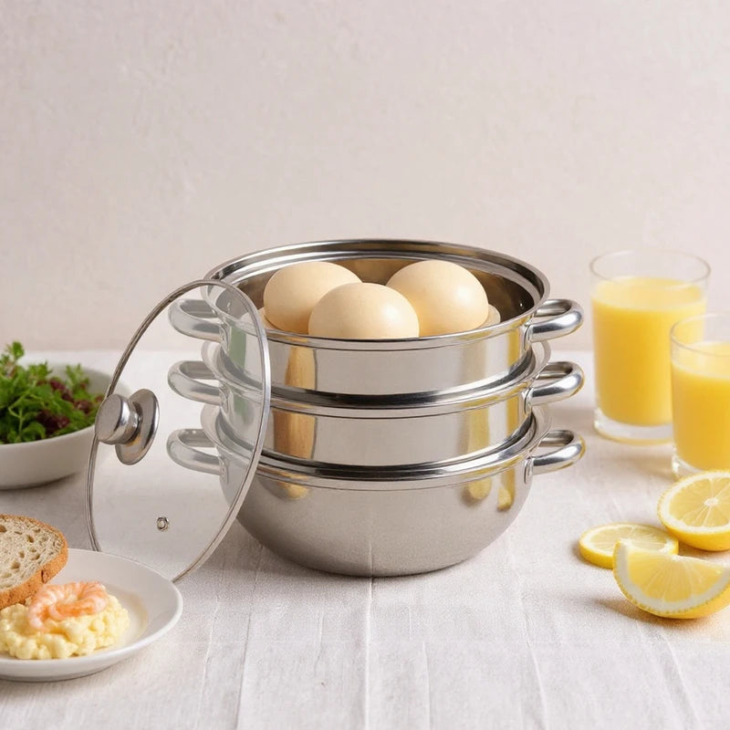 28cm Stainless Steel Multi-Function 3-Tier Steamer Pot for Vegetables Seafood and Soups