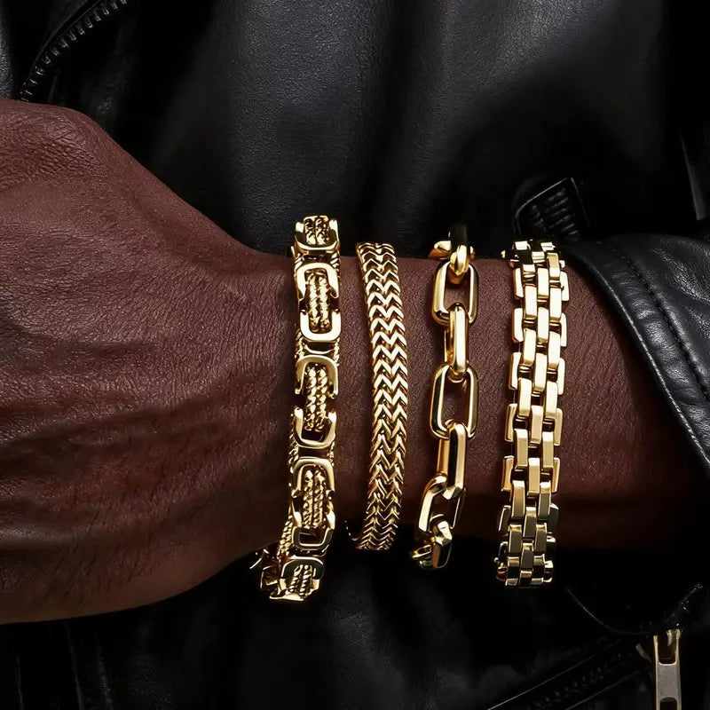 Men's Gold Color Chain Bracelet Hip Hop Stainless Steel Chunky Wristband Jewelry Gift for Him