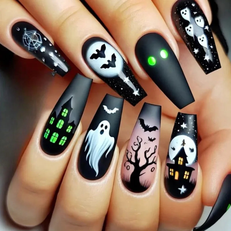 Halloween False Nails Set - Gothic Punk Coffin Shape with Rose Bat Ghost Print