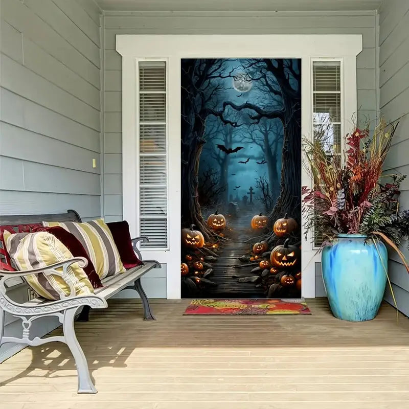 Halloween Door Banner Decorations Horror Night Cemetery Pumpkin Scene