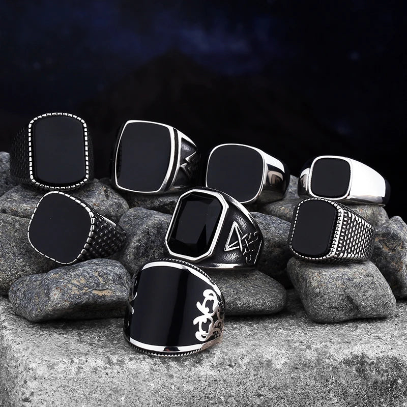 Unisex Stainless Steel Wedding Ring with Black Agate Stone - High-Quality Jewelry