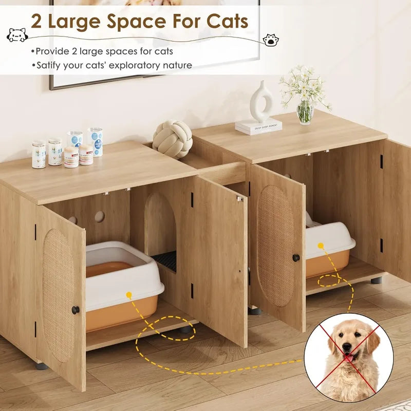 Large Multi-Cat Hidden Litter Box Enclosure with Rattan Doors & Storage
