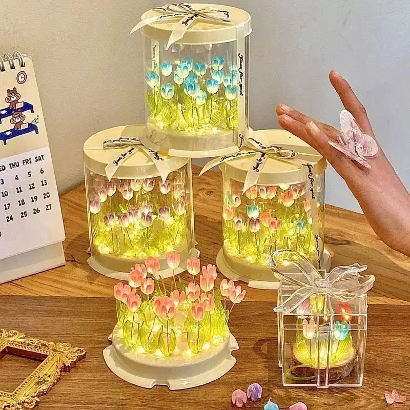 DIY Tulip Flower Sea Cake Box Night Light Lamp Decor - Handmade Bedroom Gift