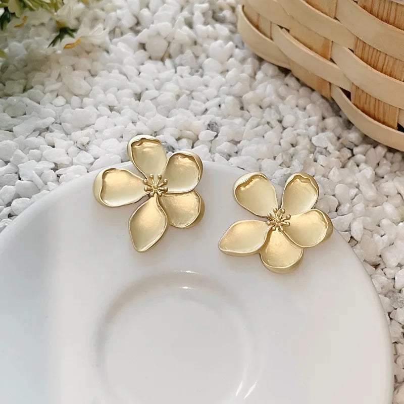 Gold Matte Texture Metal Flower Earrings for Women Girls Party Jewelry Gift