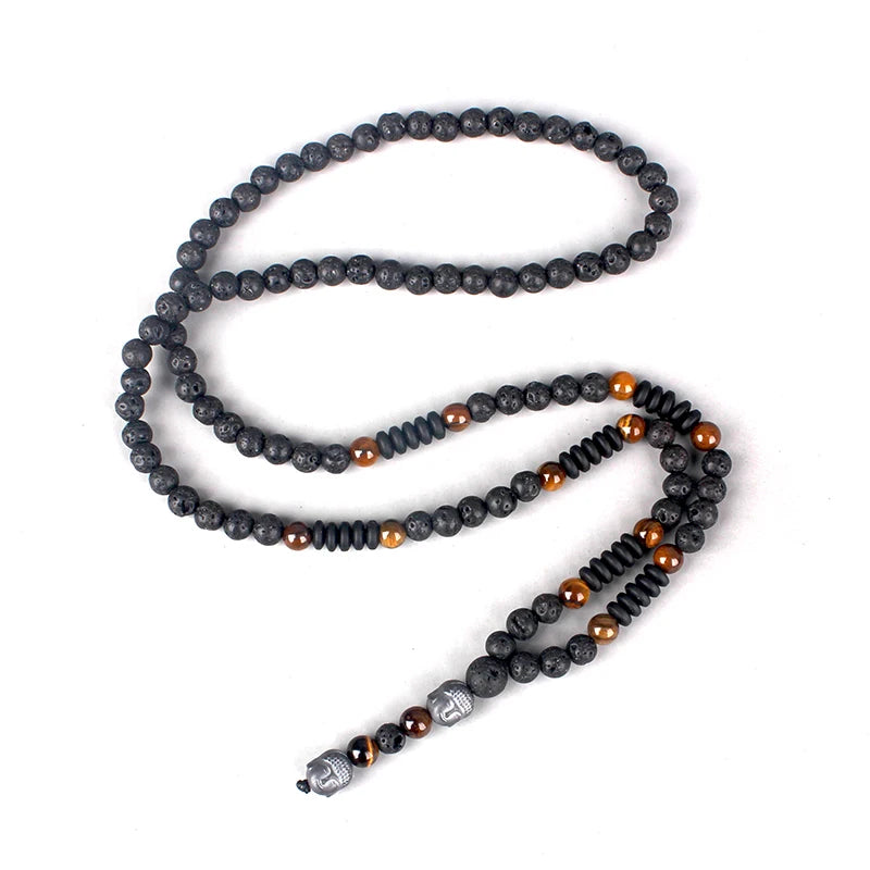 Lava Stone Tiger Eye Beaded Necklace with Buddha Head Pendant - Unisex Jewelry