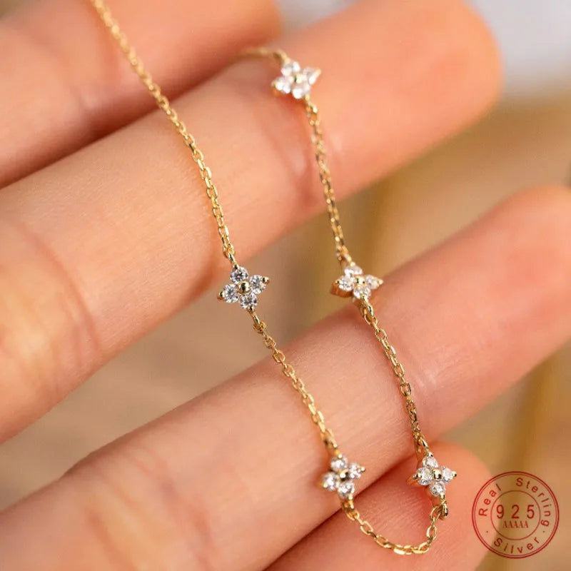 Sterling Silver 18k Gold Plated Zircon Flower Bracelet for Women Jewelry Gift