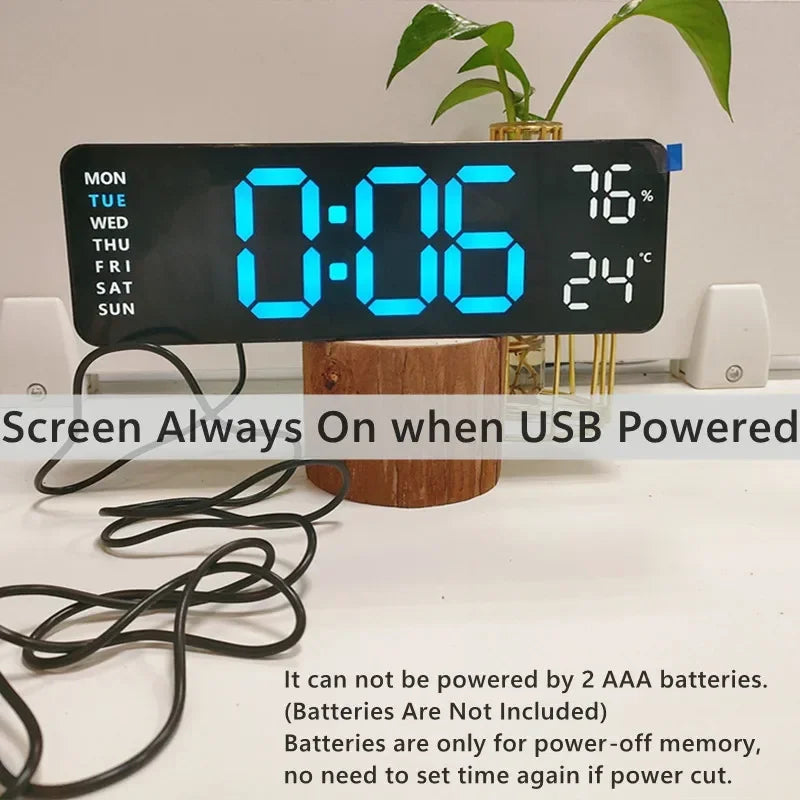 Large Digital Wall Clock with Temperature & Humidity Display, USB Powered, Auto Dimming