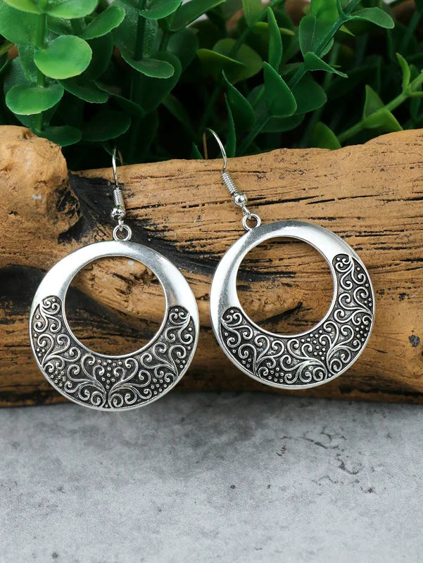 Vintage Ethnic Silver Pendant Earrings Necklace Set for Women - Carved Jewelry