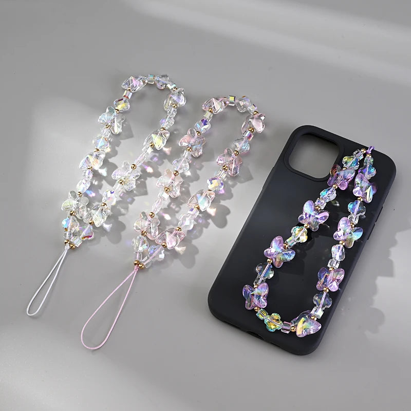 Women Girl Acrylic Phone Charm with Butterfly Design - Transparent Drop Lanyard Jewelry