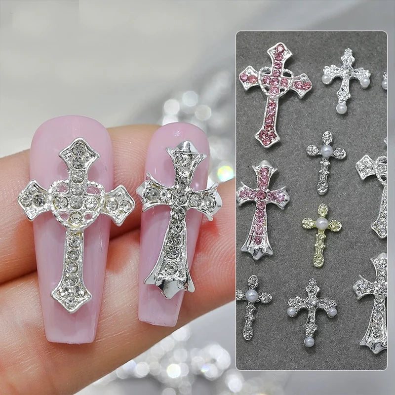 Luxury Cross Nail Art Charms Set - 5pcs 3D Rhinestones for Manicure DIY