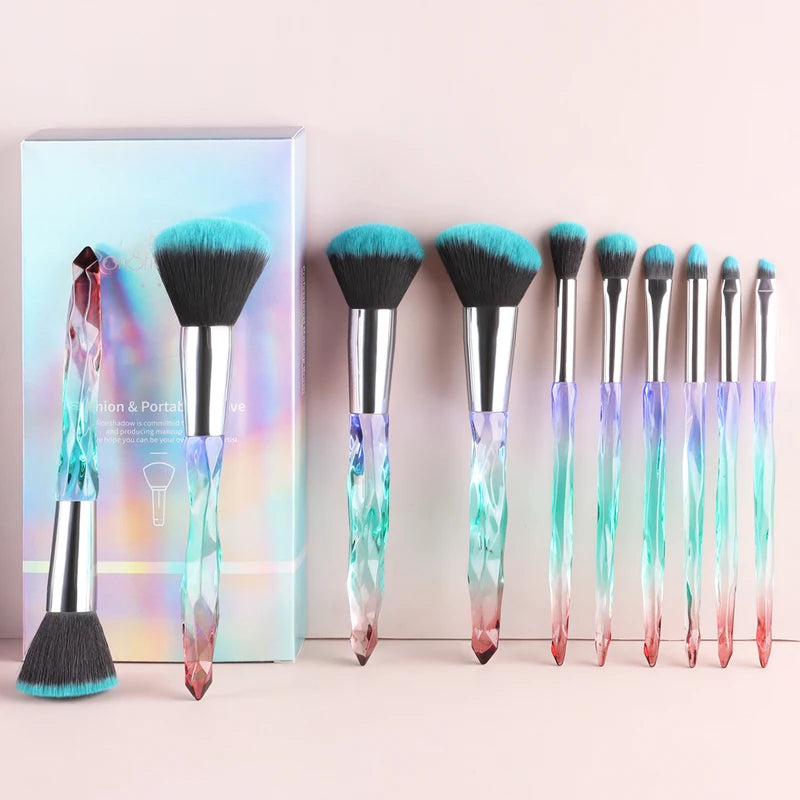 10-Piece Makeup Brush Set with Crystal Handles and Case - Includes Powder and Foundation Brushes