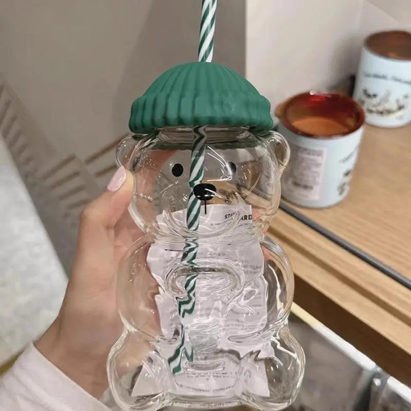 Cute Bear-Shaped Plastic Coffee Mug with Straw 550ML - Child & Adult Drinkware