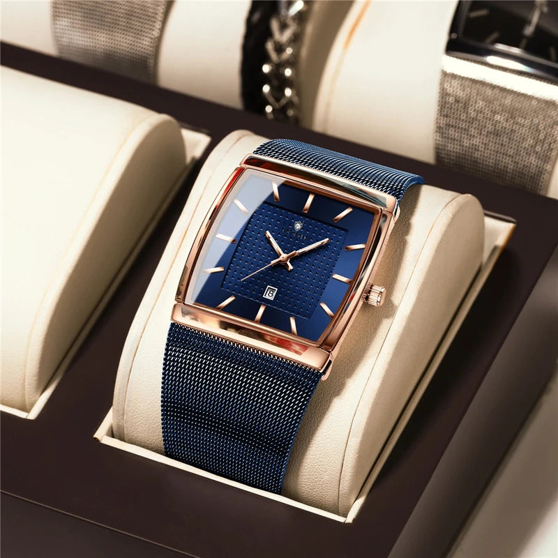Luxury Square Quartz Wristwatch for Men - Rose Gold Automatic Blue Dial