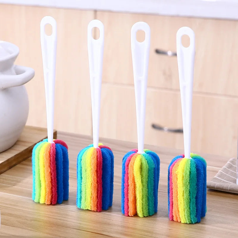 Rainbow Sponge Bottle Brush with Long Handle - Reusable Glass & Mug Cleaning Tool
