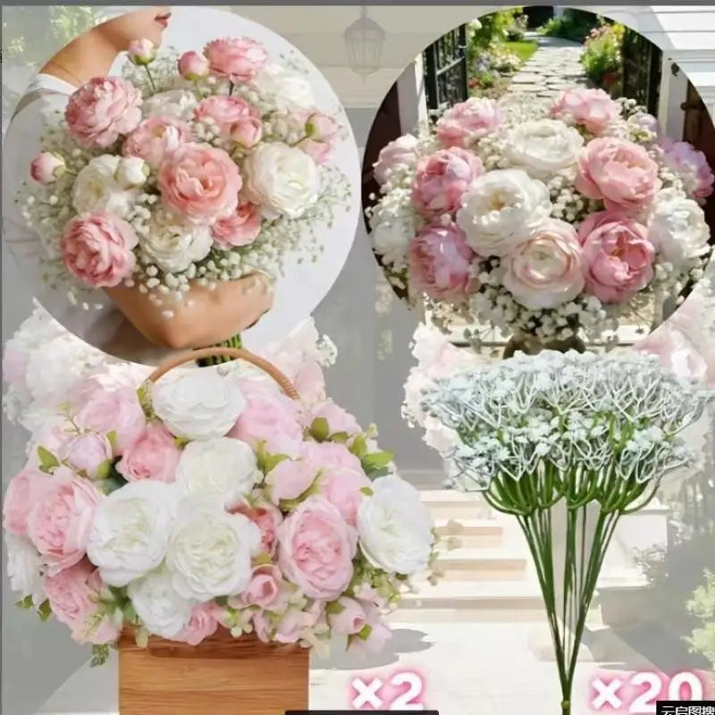 Artificial Rose & Baby Breath Bouquet Wedding Decor Fake Flower Set
