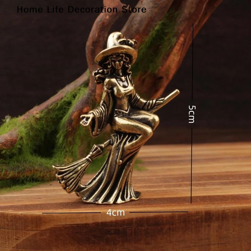 Miniature Brass Witch Ornament for Home Decor, Halloween Magic Theme