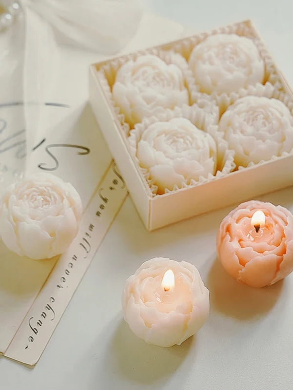 Rose Flower Shaped Soy Wax Candle Set of 4 - Handmade Decorative Gift Box