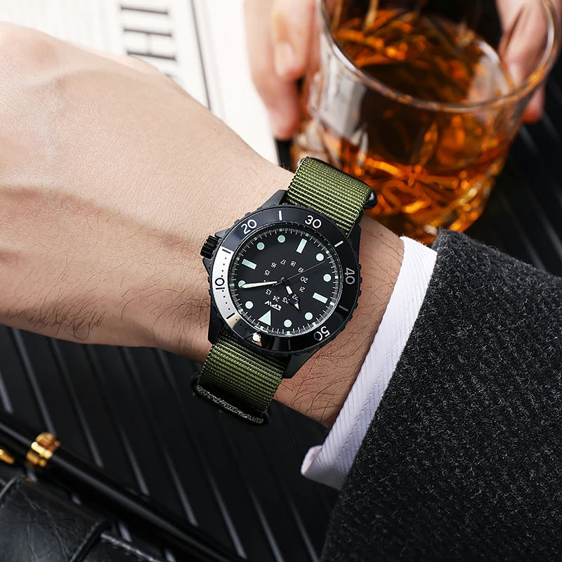 Diver Style Field Watch 40mm Case with Rotating Bezel and Nylon Strap - Multiple Colors