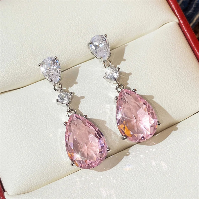 Pink Pear Drop Earrings with Cubic Zirconia for Women Engagement Party Jewelry