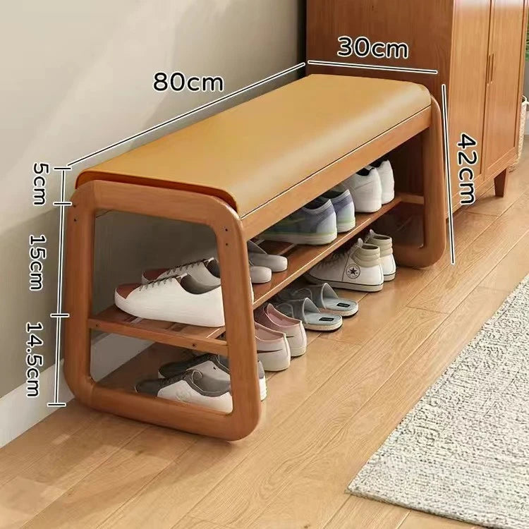 Solid Wood Shoe Changing Stool with Multi-Layer Shoe Storage - Household Shoe Rack